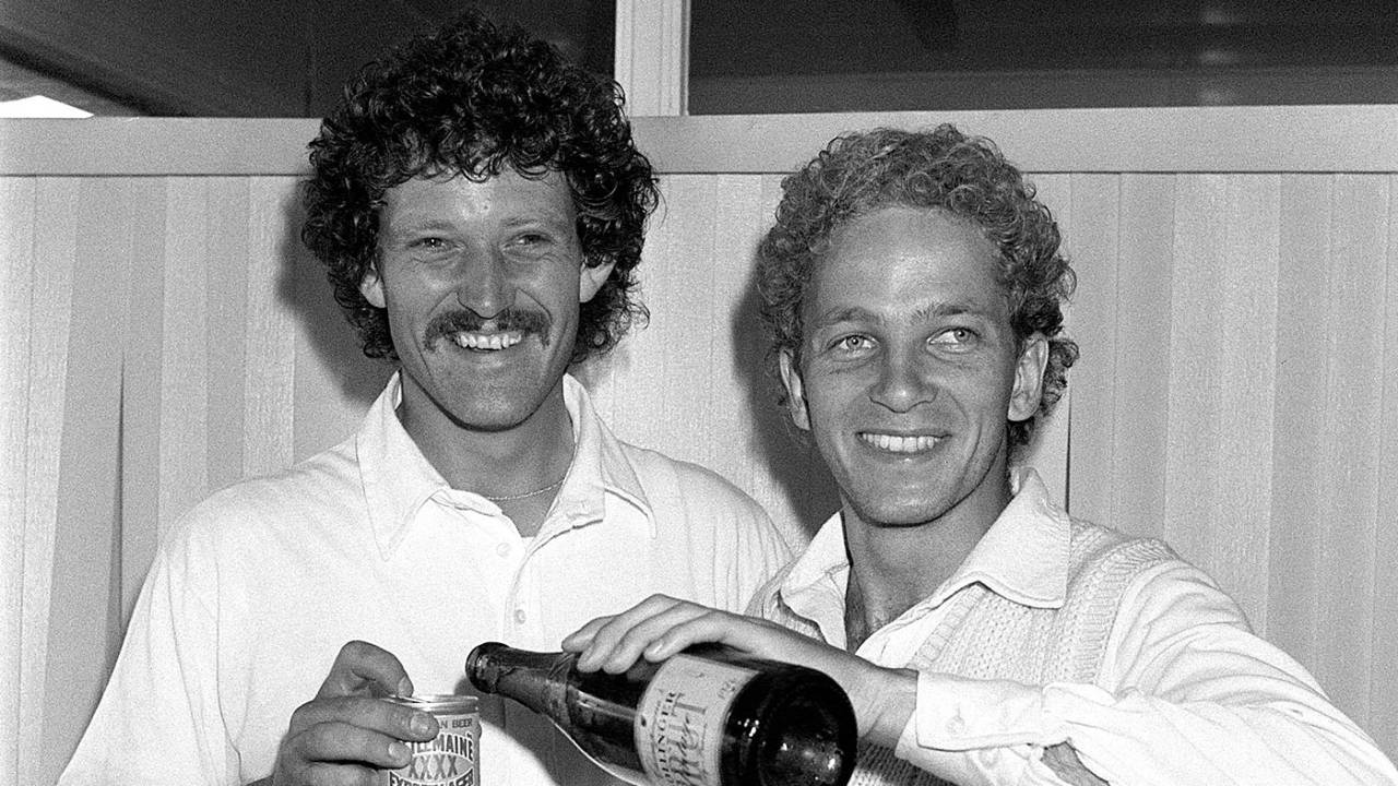 Richard Ellison and David Gower celebrate after winning the 1985 Ashes