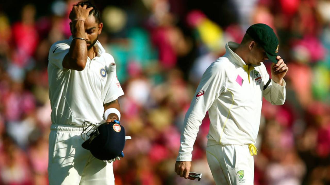 Virat Kohli and Steven Smith walk back at stumps Australia v India, 4th Test, Sydney, 3rd day, January 8, 2015