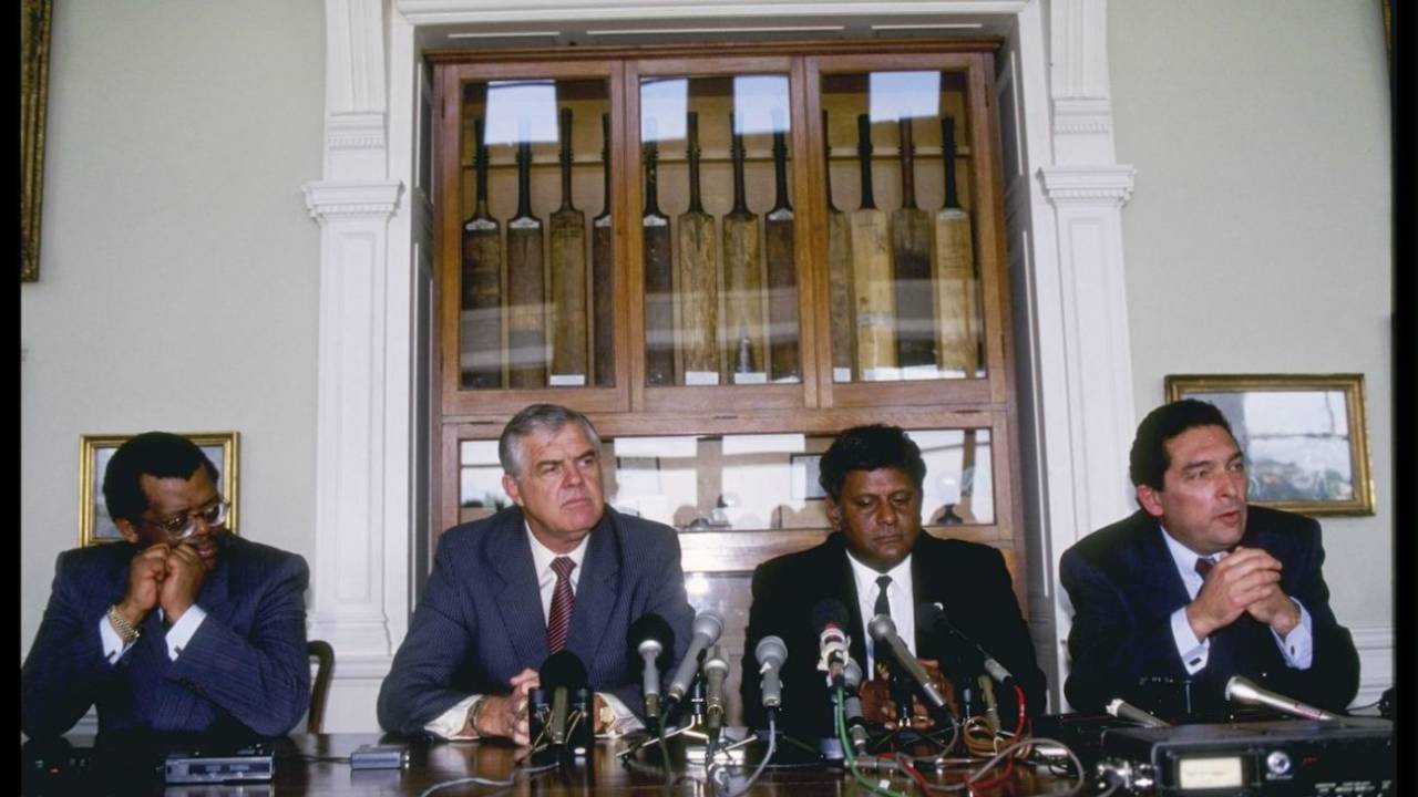 Steve Tshwete, Geoff Dakin, Krish Mackerdhuj and Ali Bacher at the ICC meeting at Lord's that allowed South Africa back into international cricket, London, July 10, 1991