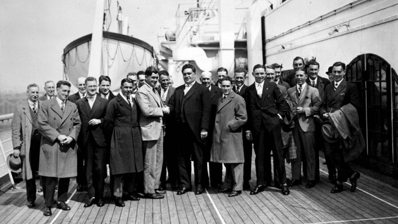 New Zealand captain Tom Lowry shakes hands with the mayor of Southampton after the team arrived for their tour of England, April 29, 1927