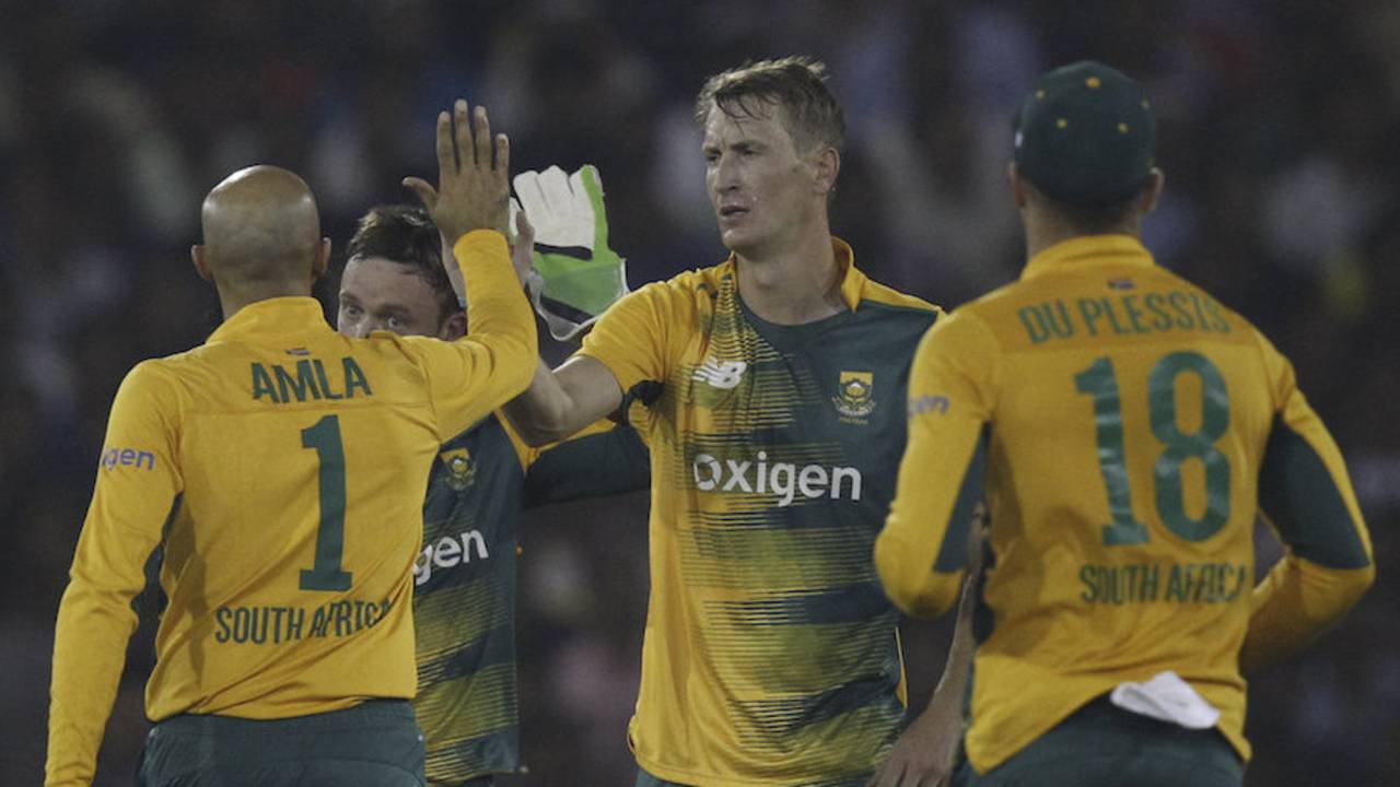 Chris Morris is congratulated for dismissing Shikhar Dhawan, India v South Africa, 2nd T20I, Cuttack, October 5, 2015