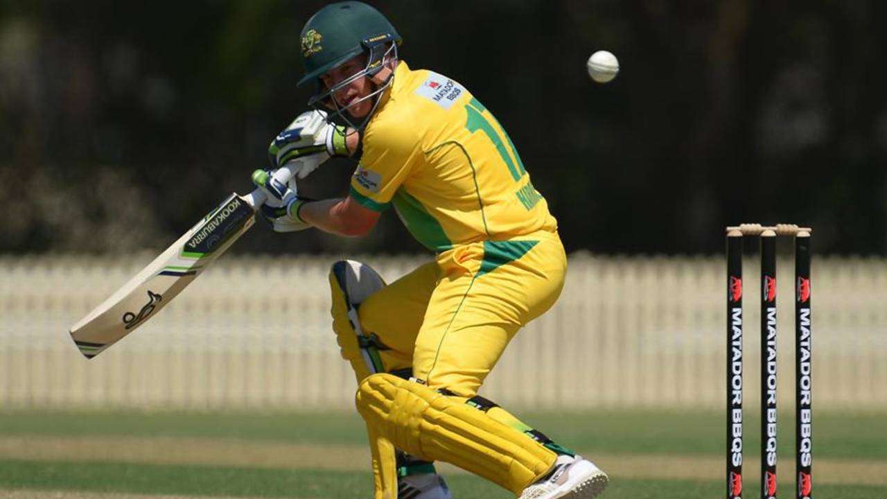 Marcus Harris steers one to the off side during his 84, Cricket Australia XI v Tasmania, Matador Cup, Sydney, October 10, 2015