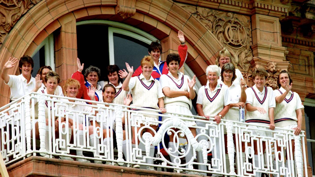 The England with coach Ruth Prideaux team pose on the Lord's balcony, England v New Zealand, women's World Cup final, Lord's August 1, 1993