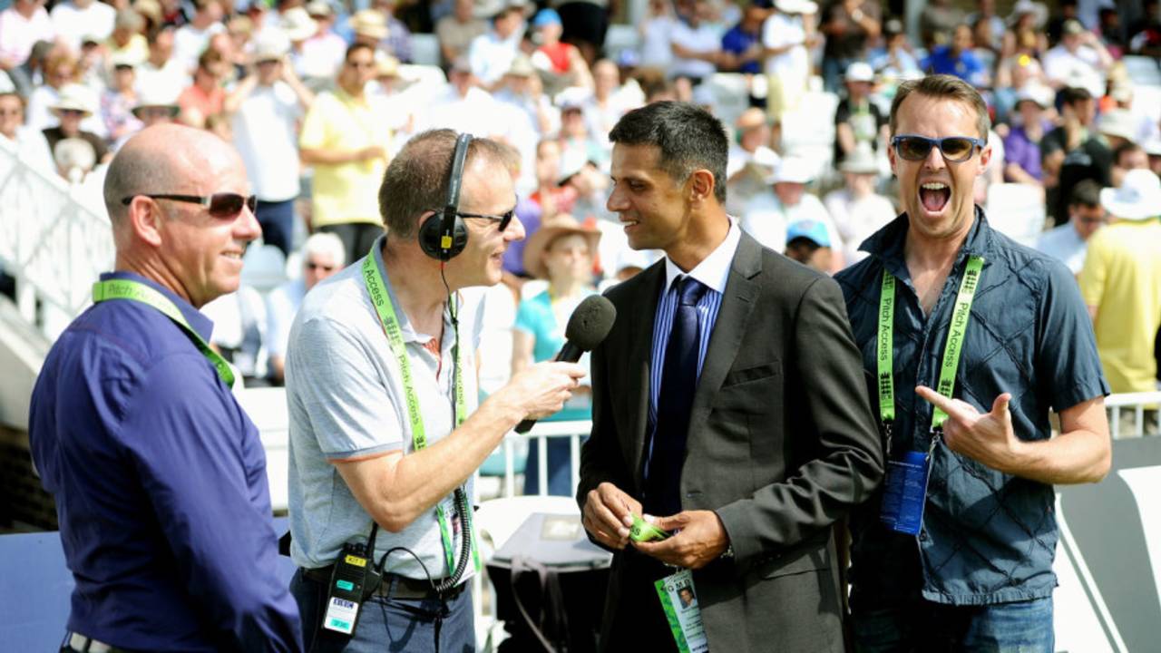 Test Match Special commentators Simon Hughes, Simon Mann, Rahul Dravid and Graeme Swann talk ahead of the start of play, England v India, 1st Investec Test, Trent Bridge, 4th day, July 12, 2014