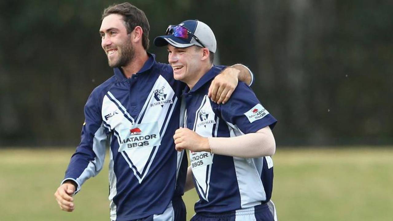 Glenn Maxwell and Peter Handscomb celebrate a wicket, Victoria v Western Australia, Matador Cup, Sydney, October 12, 2015