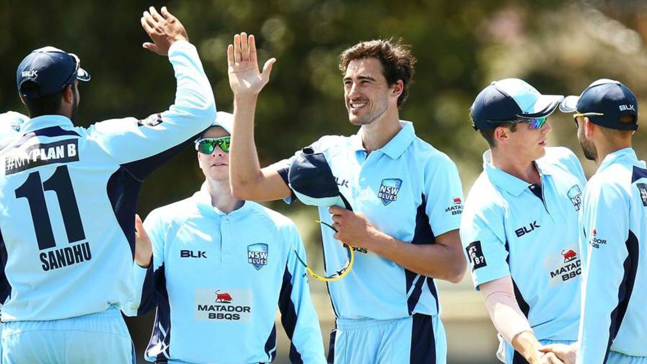 Mitchell Starc celebrates a wicket, New South Wales v Tasmania, Matador Cup, Sydney, October 12, 2015