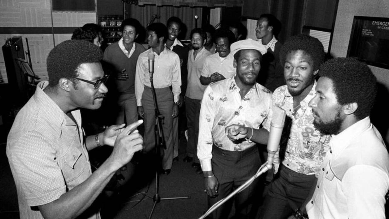 Members of the West Indian team record a song, "Victory Calypso" in Lansdowne Studio, Holland Park, London, August 29, 1976