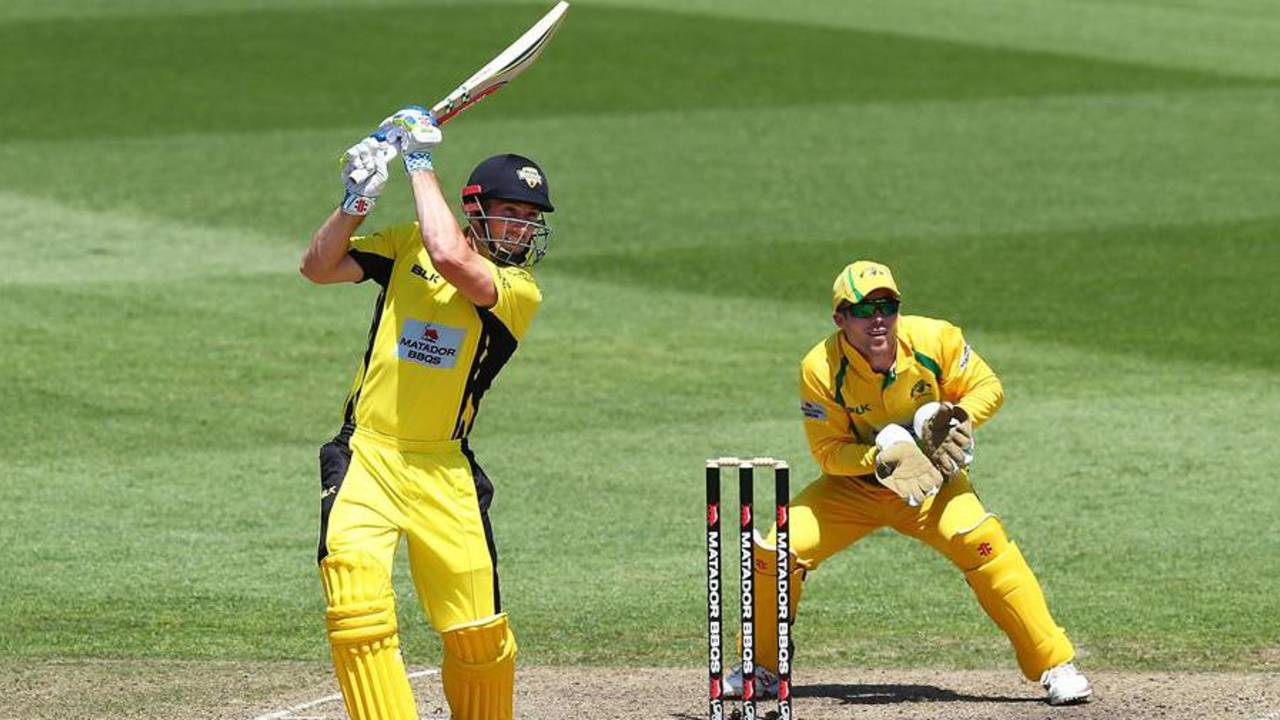 Shaun Marsh hits through the off side during his 186, Cricket Australia XI v Western Australia, Matador Cup, Sydney, October 15, 2015