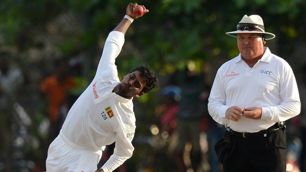 Tharindu Kaushal in his delivery stride, Sri Lanka v West Indies, 1st Test, Galle, 3rd day, October 16, 2015
