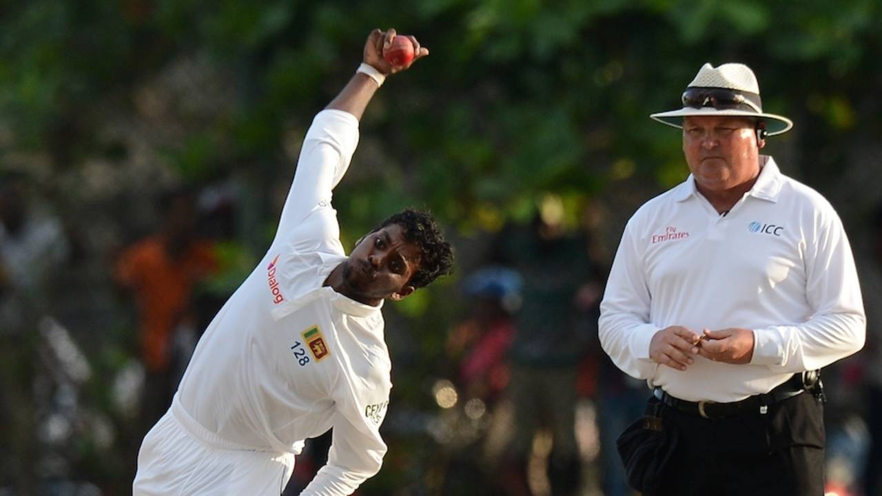 Tharindu Kaushal in his delivery stride, Sri Lanka v West Indies, 1st Test, Galle, 3rd day, October 16, 2015