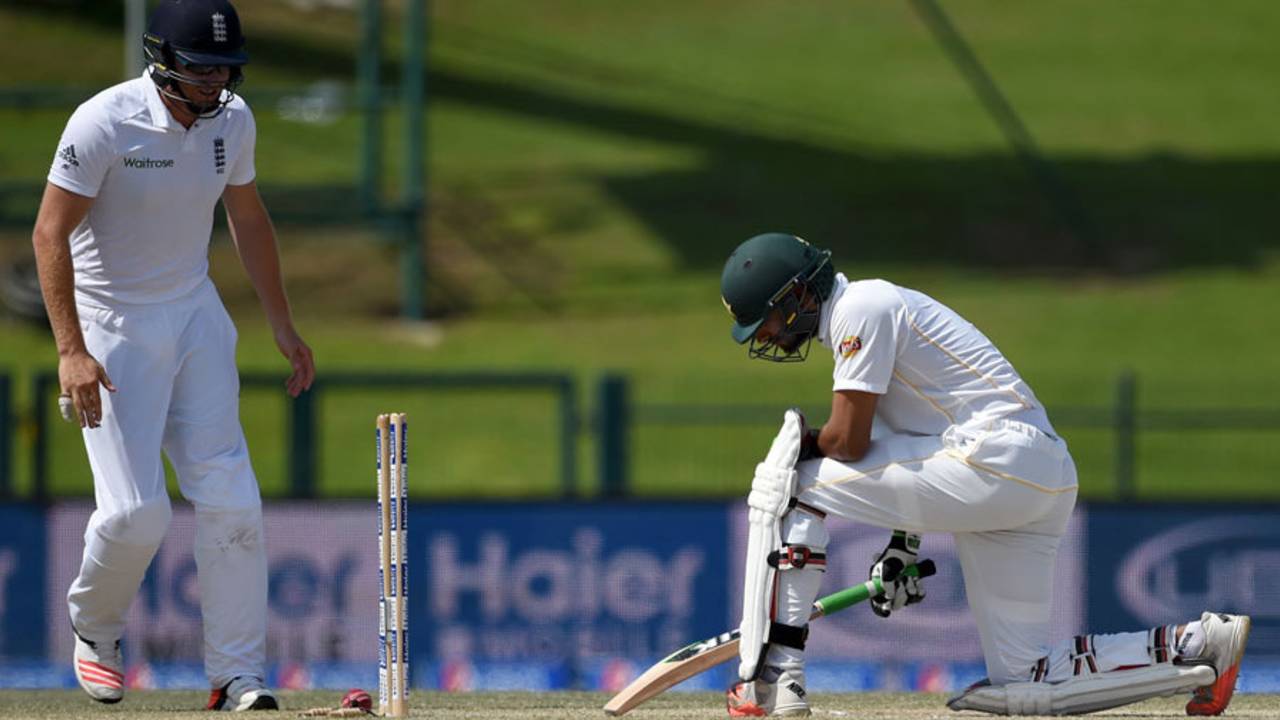 Shan Masood can't prevent the ball rolling back into his stumps, Pakistan v England, 1st Test, Abu Dhabi, 5th day, October 17, 2015