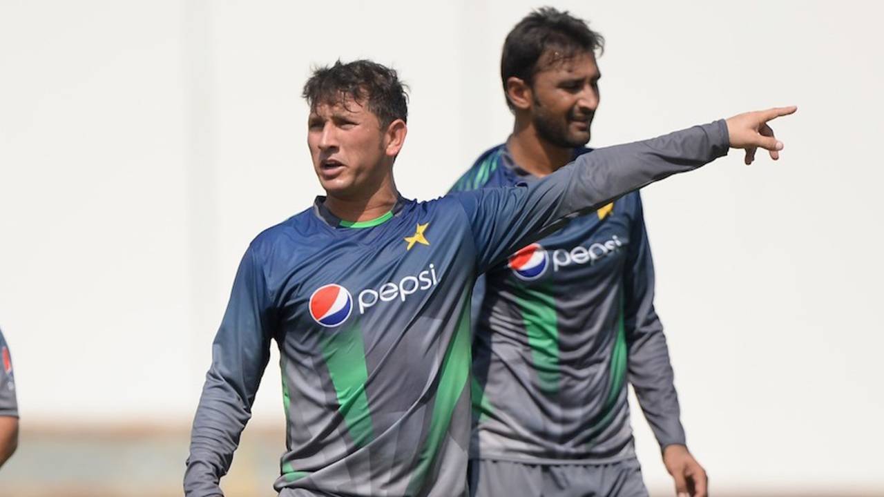 Yasir Shah and Bilal Asif take part a training session on the eve of the Test, Dubai, October 21, 2015