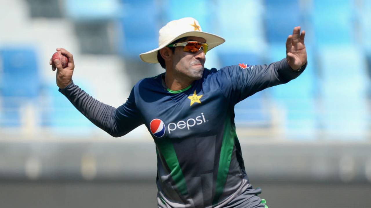Misbah-ul-Haq takes aim during a training session, Dubai, October 21, 2015