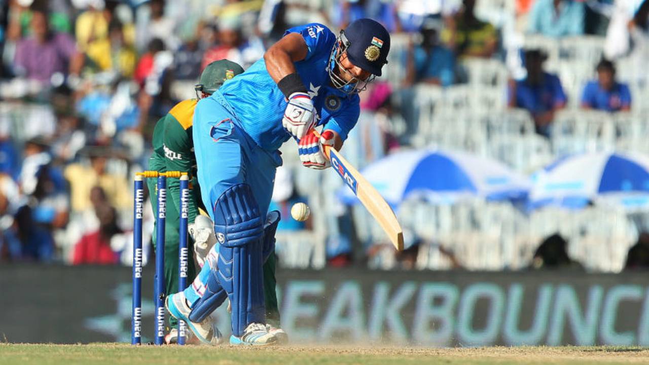 Suresh Raina flicks it into the leg side, India v South Africa, 4th ODI, Chennai, October 22, 2015