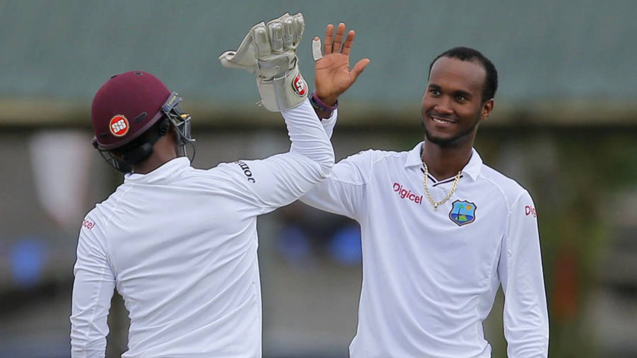 Kraigg Brathwaite gets a high-five from Denesh Ramdin, Sri Lanka v West Indies, 2nd Test, Colombo, 3rd day, October 24, 2015