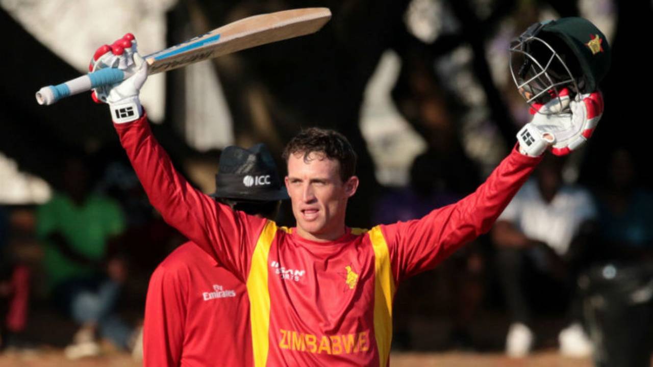 Sean Williams raises the bat after making his maiden ODI ton, Zimbabwe v Afghanistan, 5th ODI, Bulawayo, October 24, 2015