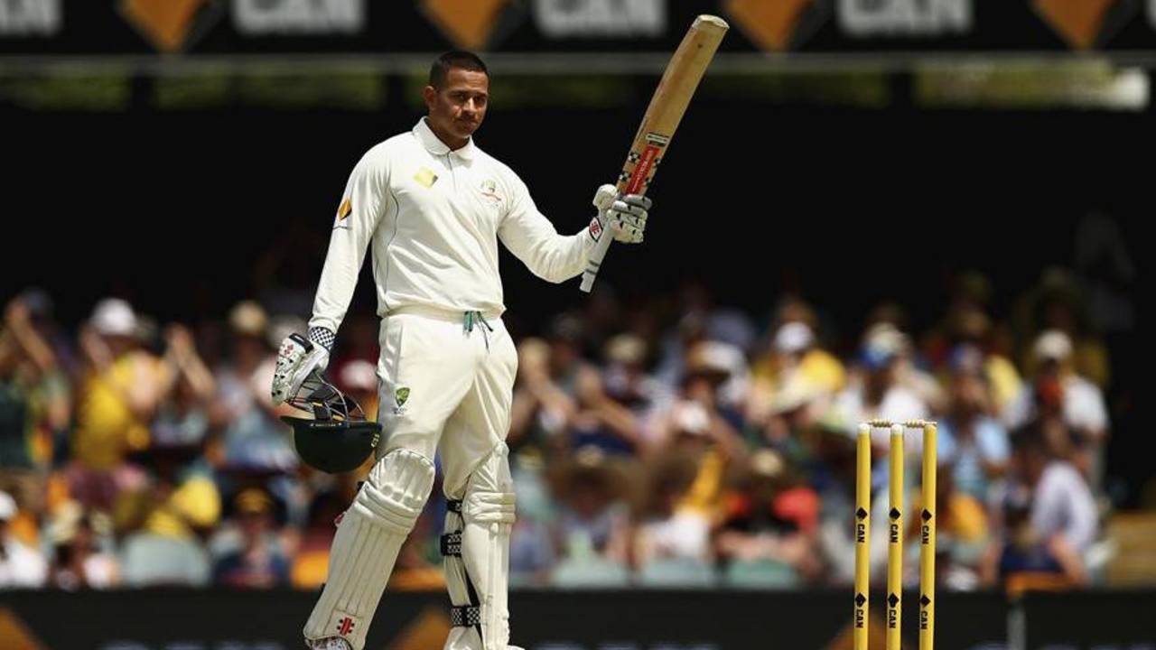 Usman Khawaja celebrates his 150, Australia v New Zealand, 1st Test, Brisbane, 2nd day, November 6, 2015