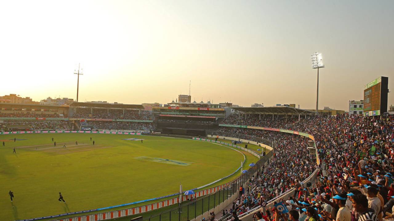 Fans throng the Shere Bangla Stadium as the lights take effect, Bangladesh v Pakistan, World Twenty20, Group 2, Mirpur, March 30, 2014