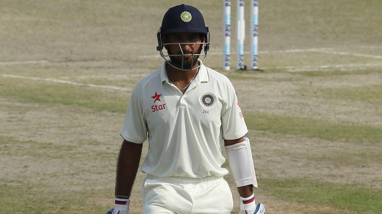 Cheteshwar Pujara was caught at slip, India v South Africa, 1st Test, Mohali, 3rd day, November 7, 2015