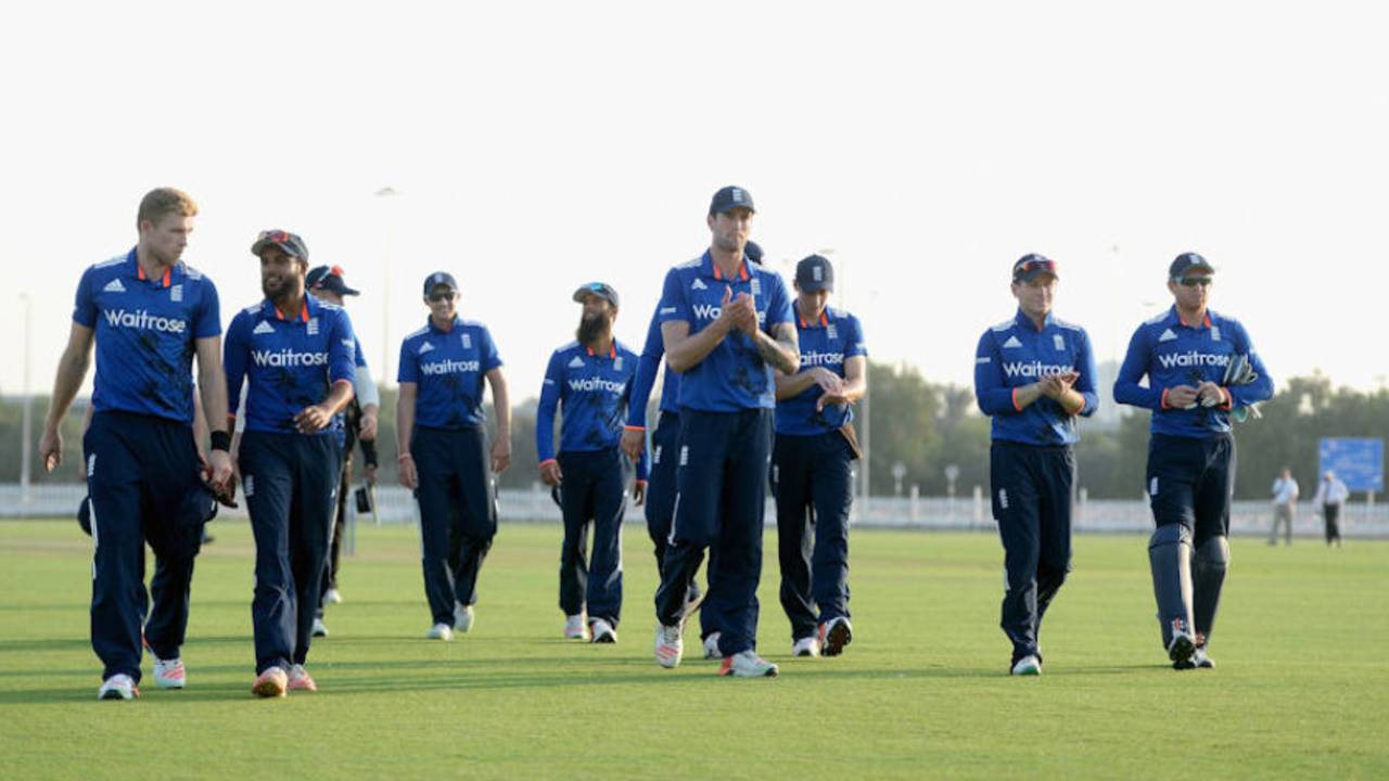 England's players leave the field after a practice-match victory against Hong Kong, Hong Kong v England (unofficial ODI), Sharjah, November 8, 2015