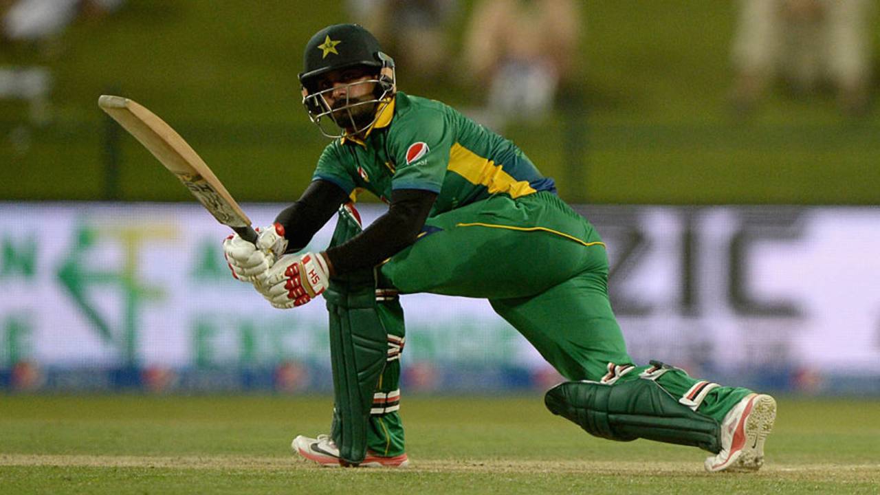 Mohammad Hafeez sweeps during his controlled innings, Pakistan v England, 1st ODI, Abu Dhabi, November 11, 2015