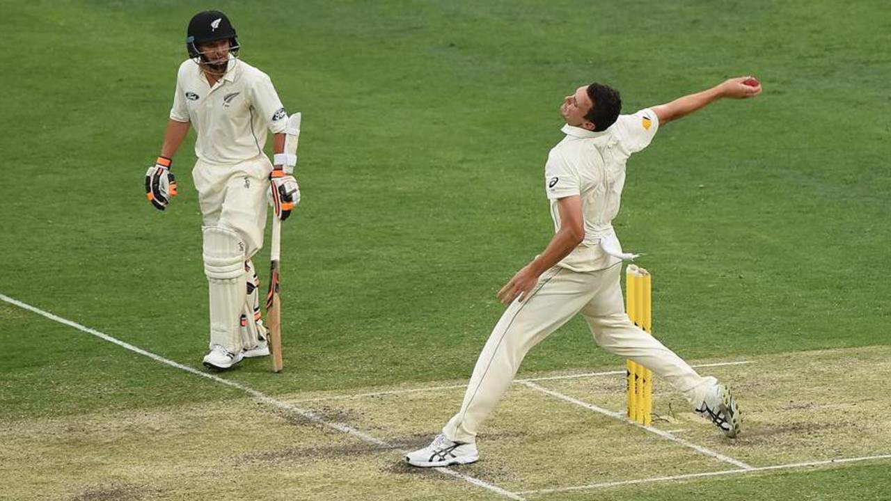 Josh Hazlewood sends down a delivery, Australia v New Zealand, 1st Test, Brisbane, 2nd day, November 6, 2015