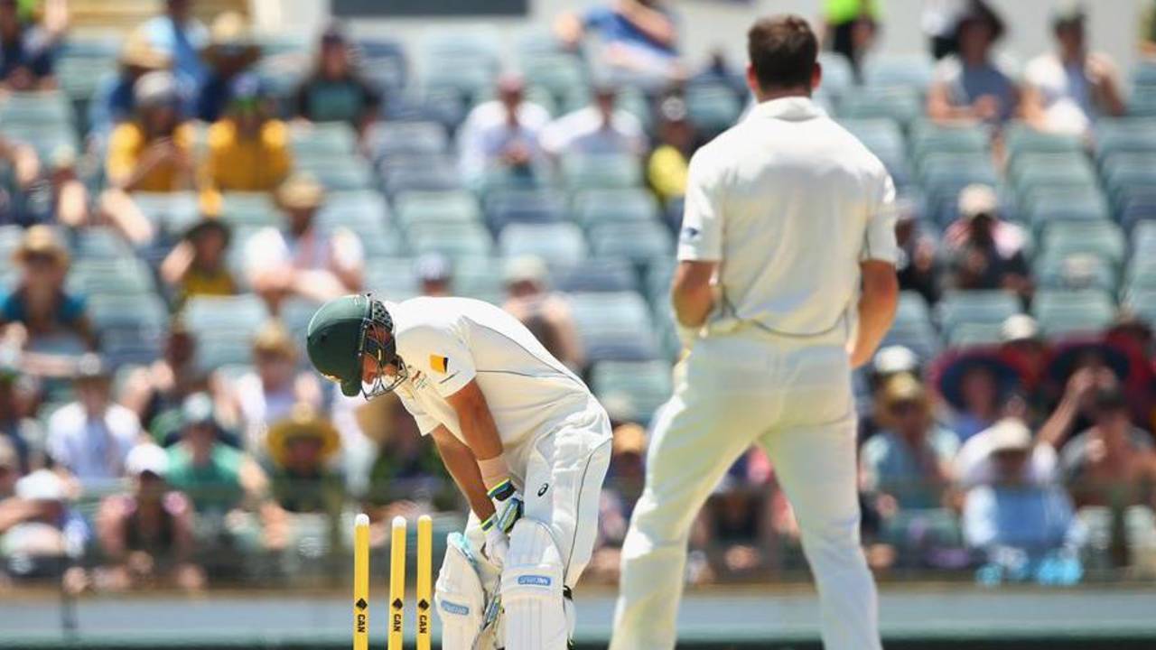 Joe Burns was bowled by Matt Henry for 40, Australia v New Zealand, 2nd Test, Perth, 1st day, November 13, 2015