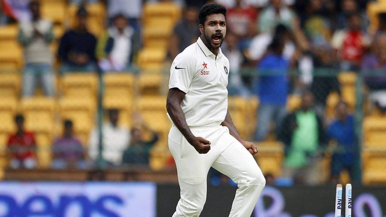 Varun Aaron exults after bowling Hashim Amla, India v South Africa, 2nd Test, 1st day, Bangalore, November 14, 2015