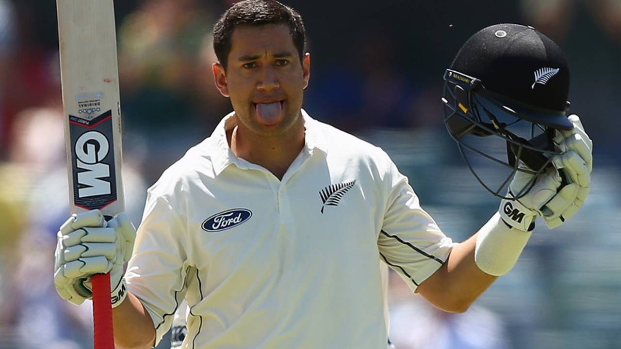 Ross Taylor raises his bat after scoring a brisk century , Australia v New Zealand, 2nd Test, Perth, 3rd day, November 15, 2015