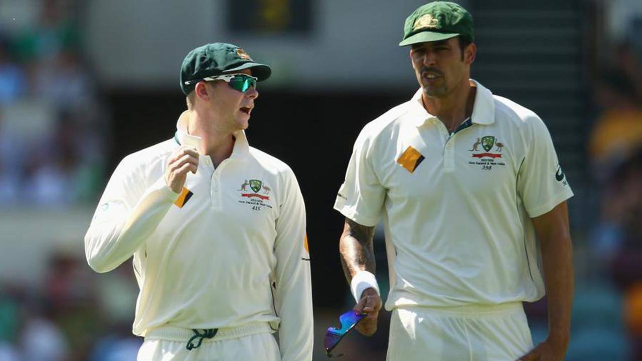 Steven Smith and Mitchell Johnson, Australia v New Zealand, 1st Test, Brisbane, 2nd day, November 6, 2015