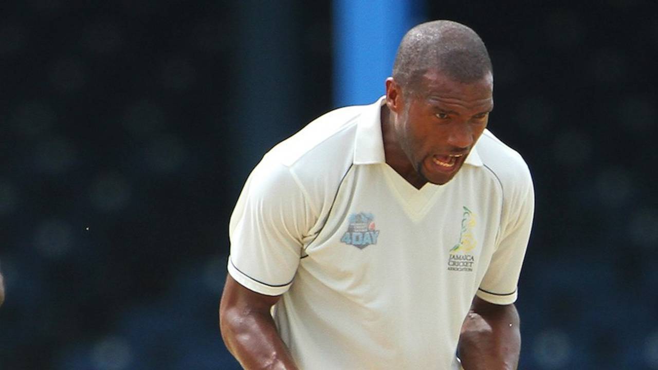 Dave Bernard celebrates the wicket of Narsingh Deonarine, Trinidad & Tobago v Jamaica, WICB Professional Cricket League Regional 4 Day Tournament, 1st day, Port-of-Spain, November 20, 2015