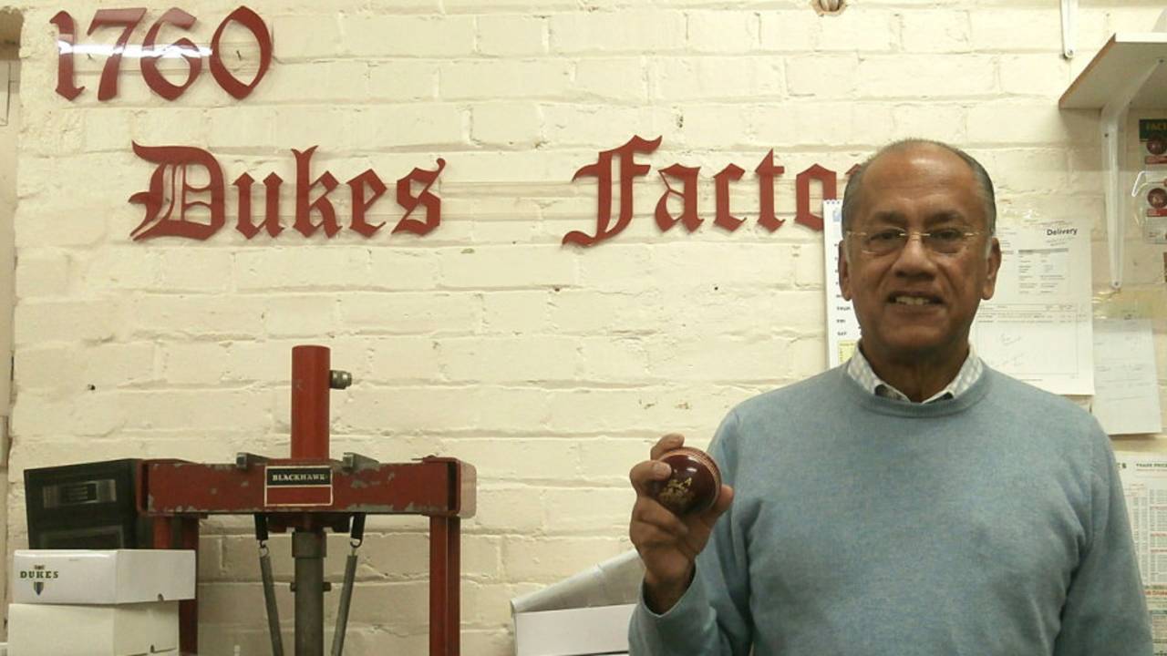 Dukes owner Dilip Jajodia holds a new cricket ball, London, November 2015