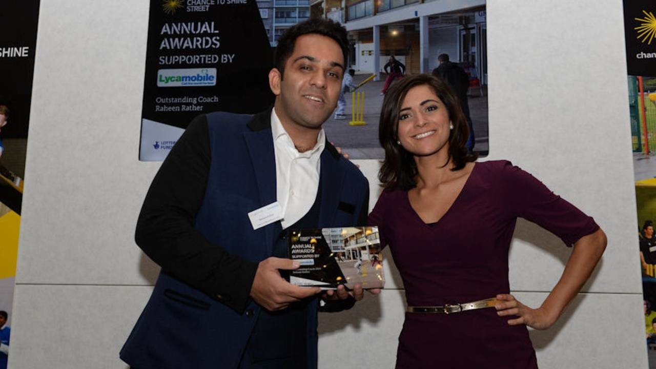 Rehaan Rather collects the coach of the year award from Lucy Verasamy during the Chance to Shine Street awards at Kia Oval, November 19, 2015