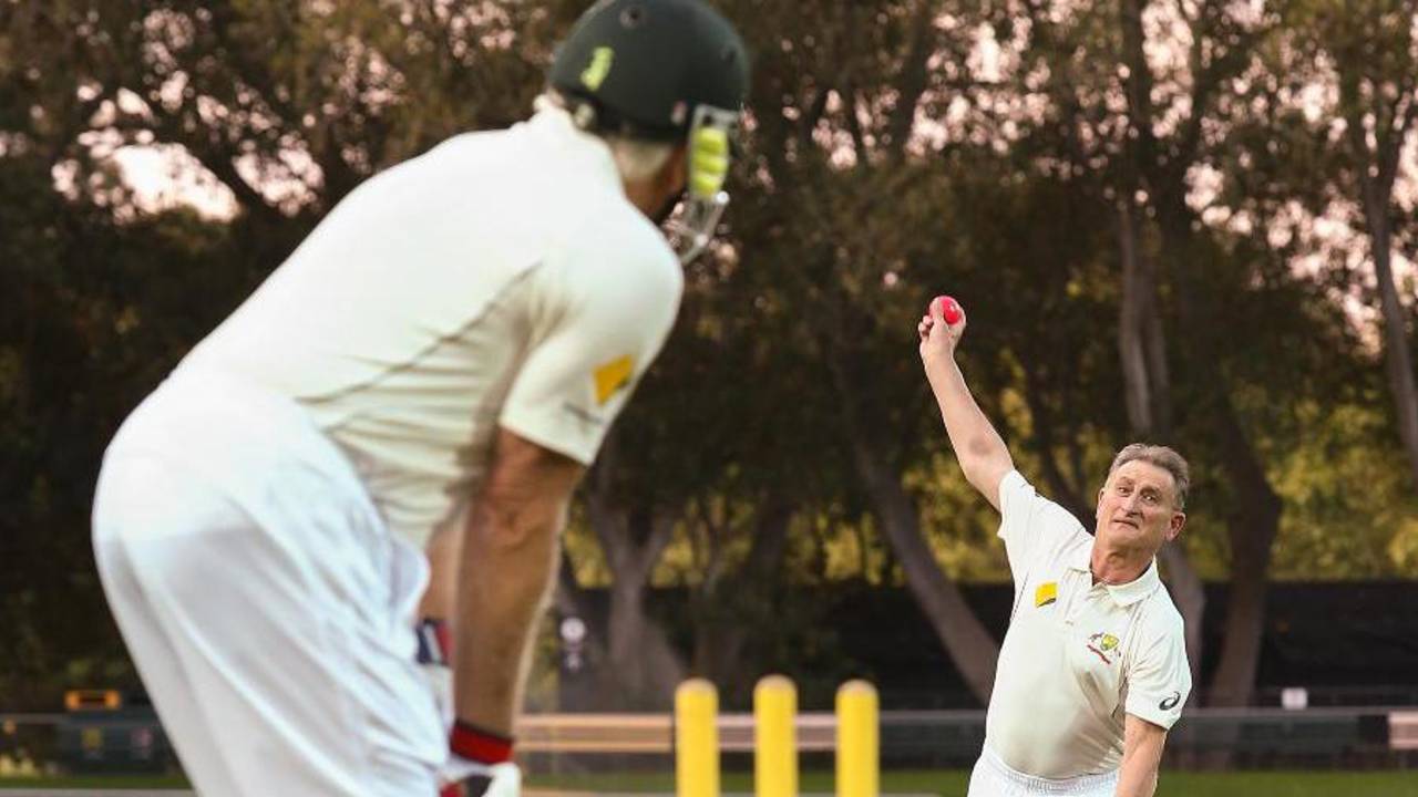 Len Pascoe and Barry Richards at a re-enactment of the first ball bowled under lights, Adelaide Oval, November 24, 2015