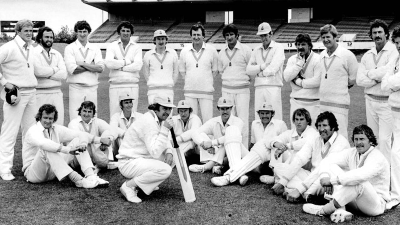 The World Series Cricket Australia team at St Kilda Football ground in Melbourne. Standing (from left): Kerry O'Keeffe, Ray Bright, Wayne Prior, Mick Malone, Ian Davis, Graham McKenzie, Len Pascoe, Rick McCosker, Rod Marsh, Ross Edwards, Dennis Lillee. Sitting: Ashley Mallett, Gary Gilmour, Ian Redpath, Ian Chappell (with bat), Doug Walters, Greg Chappell, Richie Robinson, David Hookes, Max Walker and Bruce Laird, December 1977