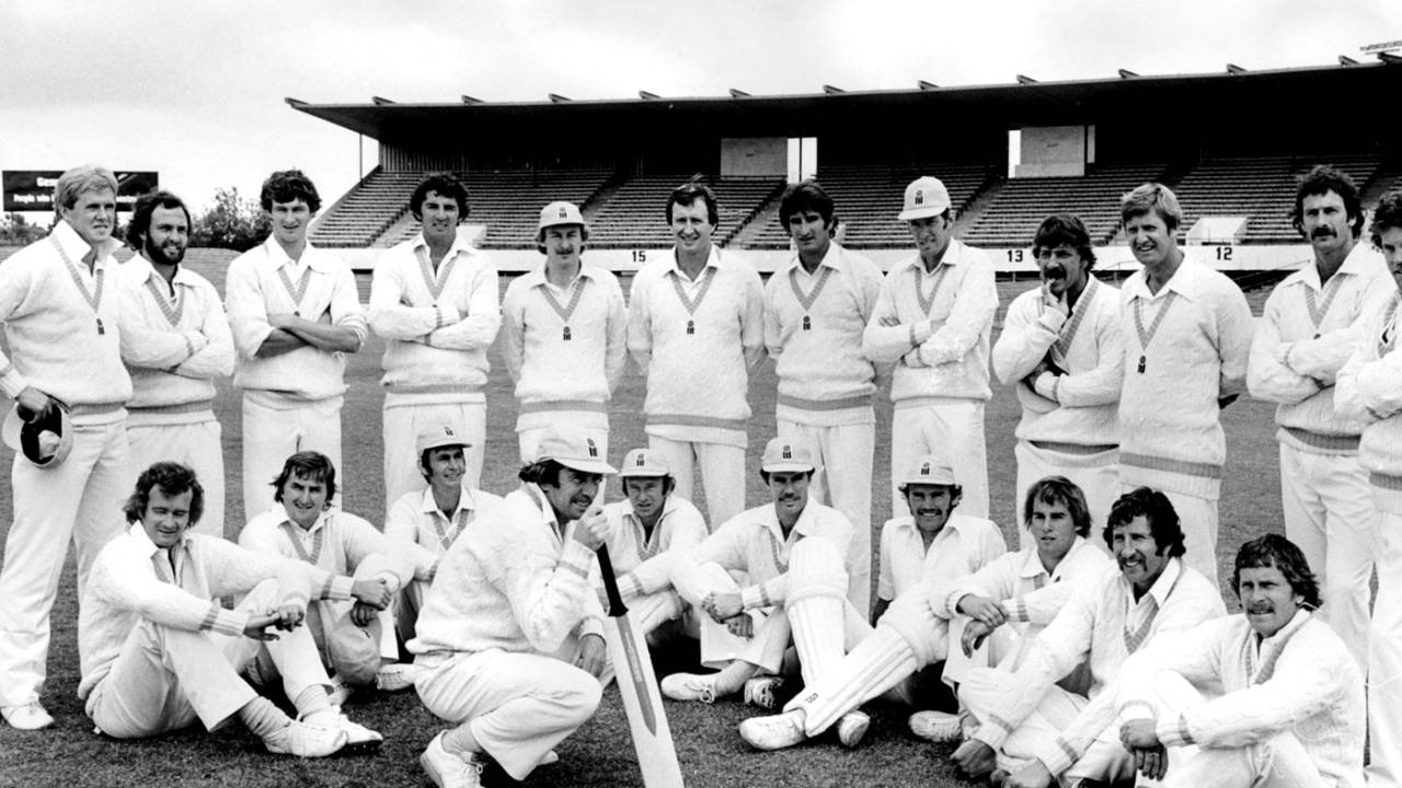 The World Series Cricket Australia team at St Kilda Football ground in Melbourne. Standing (from left): Kerry O'Keeffe, Ray Bright, Wayne Prior, Mick Malone, Ian Davis, Graham McKenzie, Len Pascoe, Rick McCosker, Rod Marsh, Ross Edwards, Dennis Lillee. Sitting: Ashley Mallett, Gary Gilmour, Ian Redpath, Ian Chappell (with bat), Doug Walters, Greg Chappell, Richie Robinson, David Hookes, Max Walker and Bruce Laird, December 1977