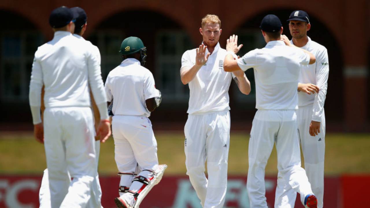 Ben Stokes claims the wicket of Somila Seyibokwe, SA Invitational XI v England XI, Potchefstroom, 2nd day, December 16, 2015