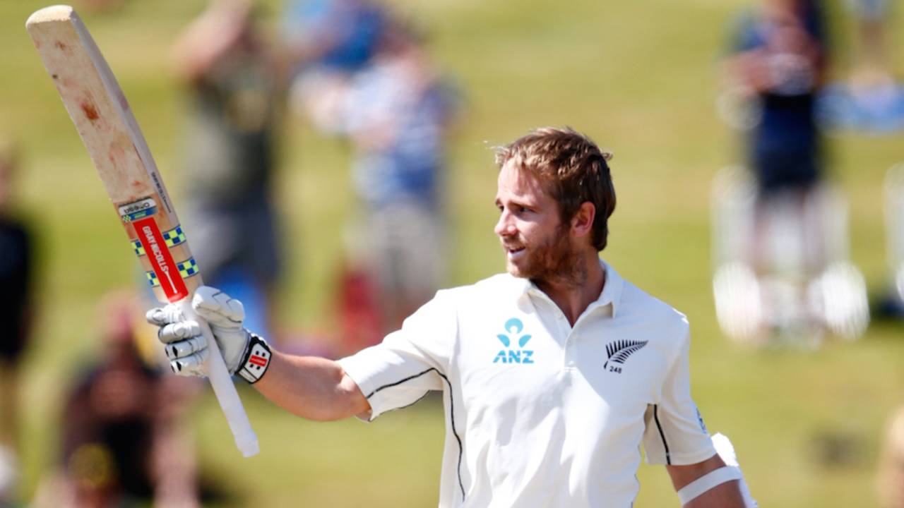 Kane Williamson celebrates his fifth Test hundred of the year, New Zealand v Sri Lanka, 2nd Test, Hamilton, 4th day, December 21, 2015