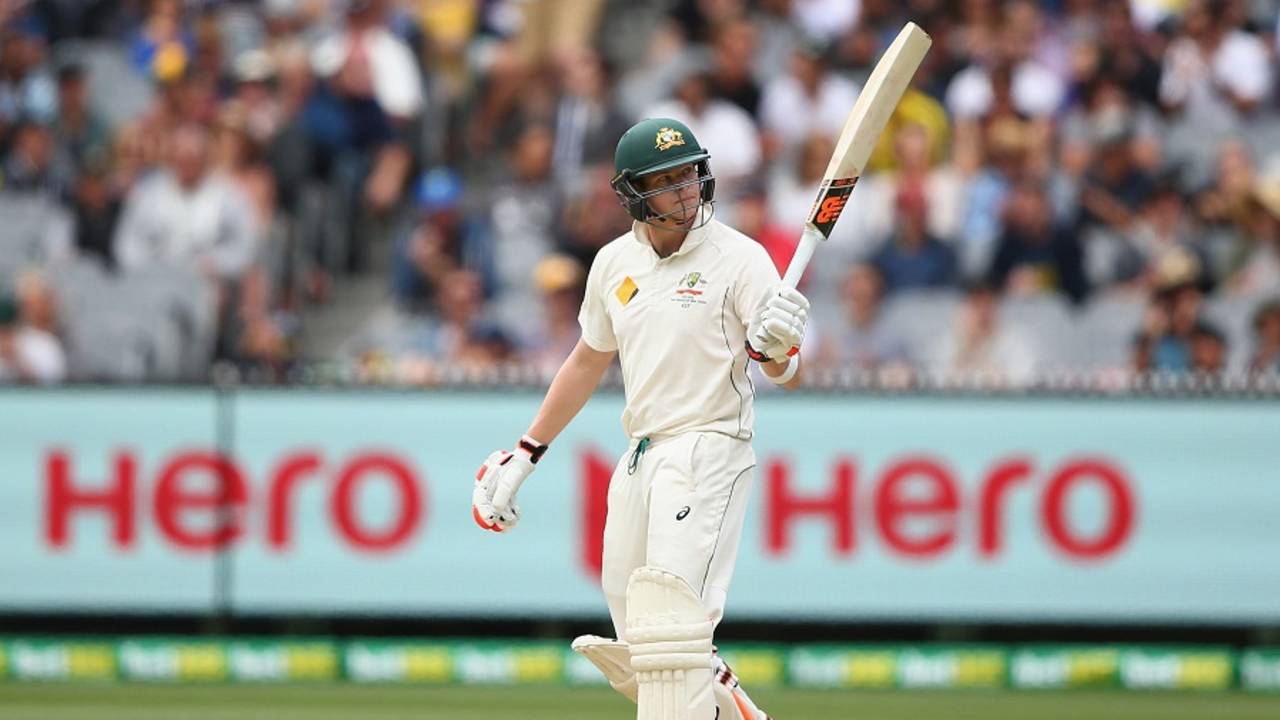 Steven Smith raises his bat after reaching his fifty, Australia v West Indies, 2nd Test, Melbourne, 2nd day, December 27, 2015