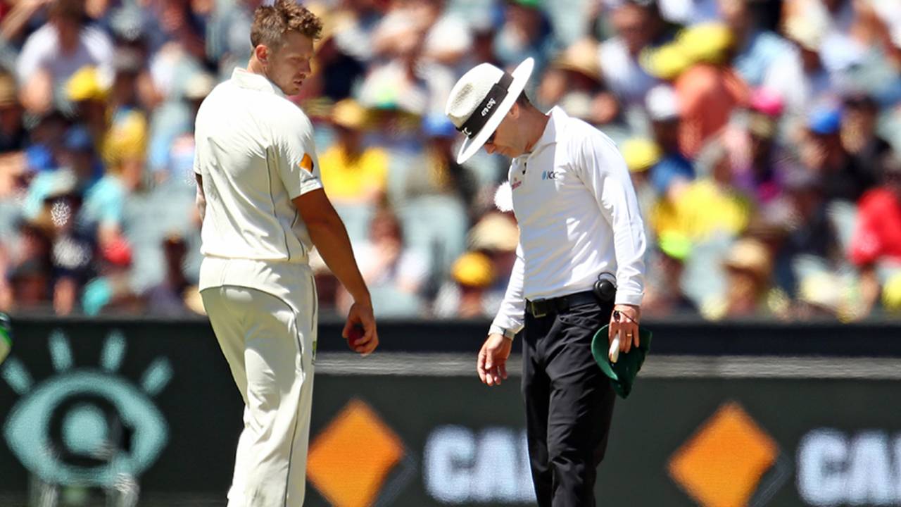 James Pattinson checks the crease line after dismissing Carlos Brathwaite off a no-ball, Australia v West Indies, 2nd Test, Melbourne, 3rd day, December 28, 2015