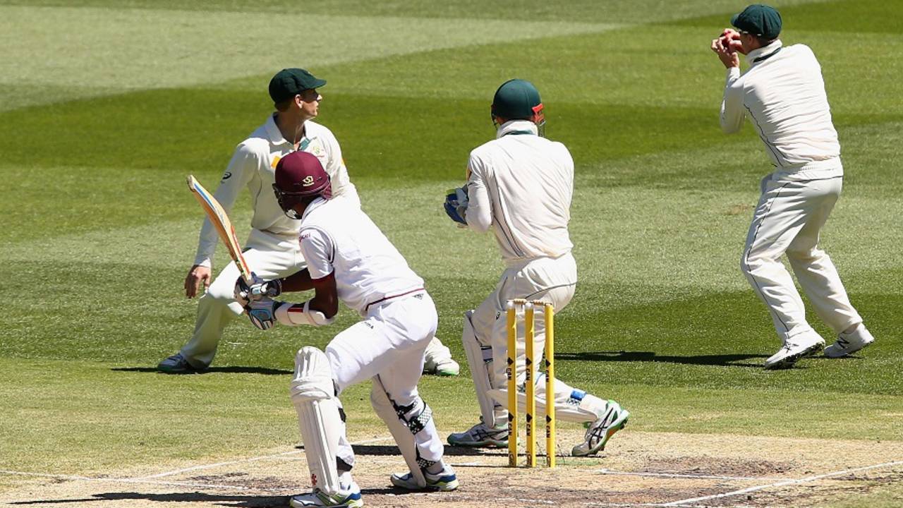 Kraigg Brathwaite was caught at slip by Steven Smith off Nathan Lyon's bowling, Australia v West Indies, 2nd Test, Melbourne, 4th day, December 29, 2015