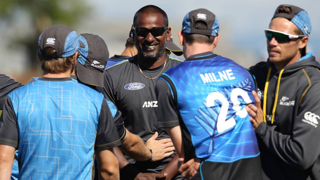 Dimitri Mascarenhas shares a laugh with the New Zealand players, New Zealand v Sri Lanka, 3rd ODI, Nelson, December 31, 2015