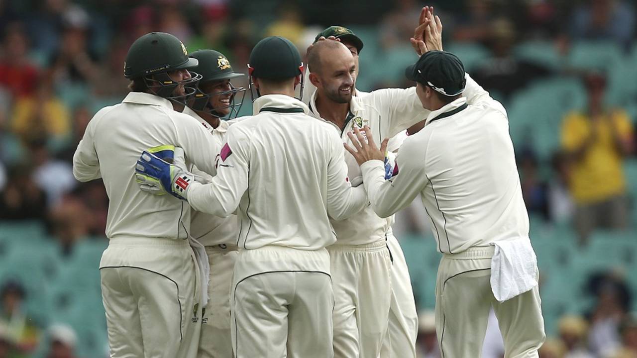 Nathan Lyon celebrates a wicket with his team-mates, Australia v West Indies, 3rd Test, Sydney, 1st day, January 3, 2016
