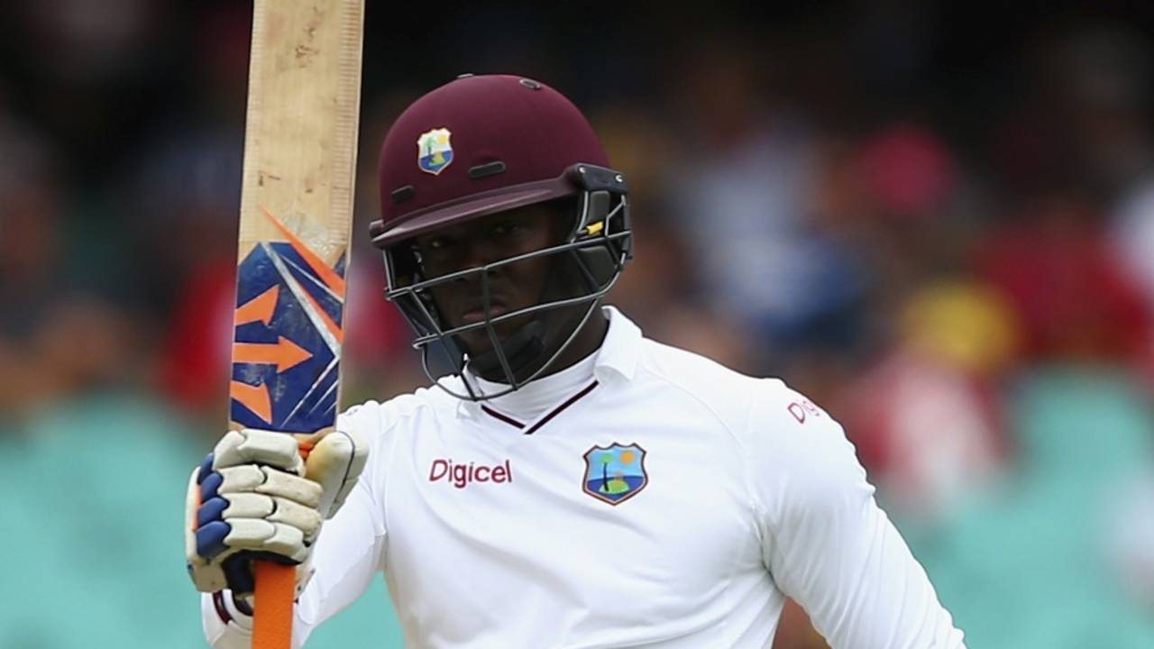 Carlos Brathwaite acknowledges his rapid fifty, Australia v West Indies, 3rd Test, Sydney, 2nd day, January 4, 2016 