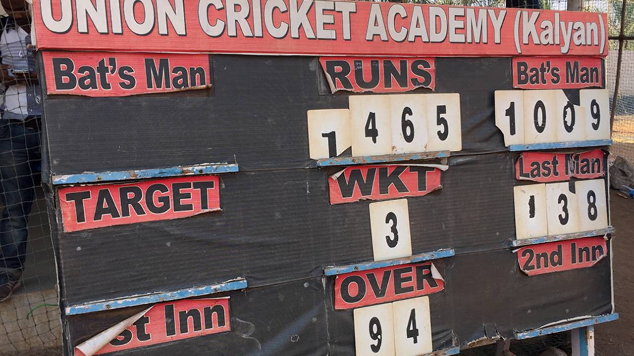 A scoreboard at the ground in Kalyan displays Pranav Dhanawade's record score of 1009*, Mumbai, January 5, 2016