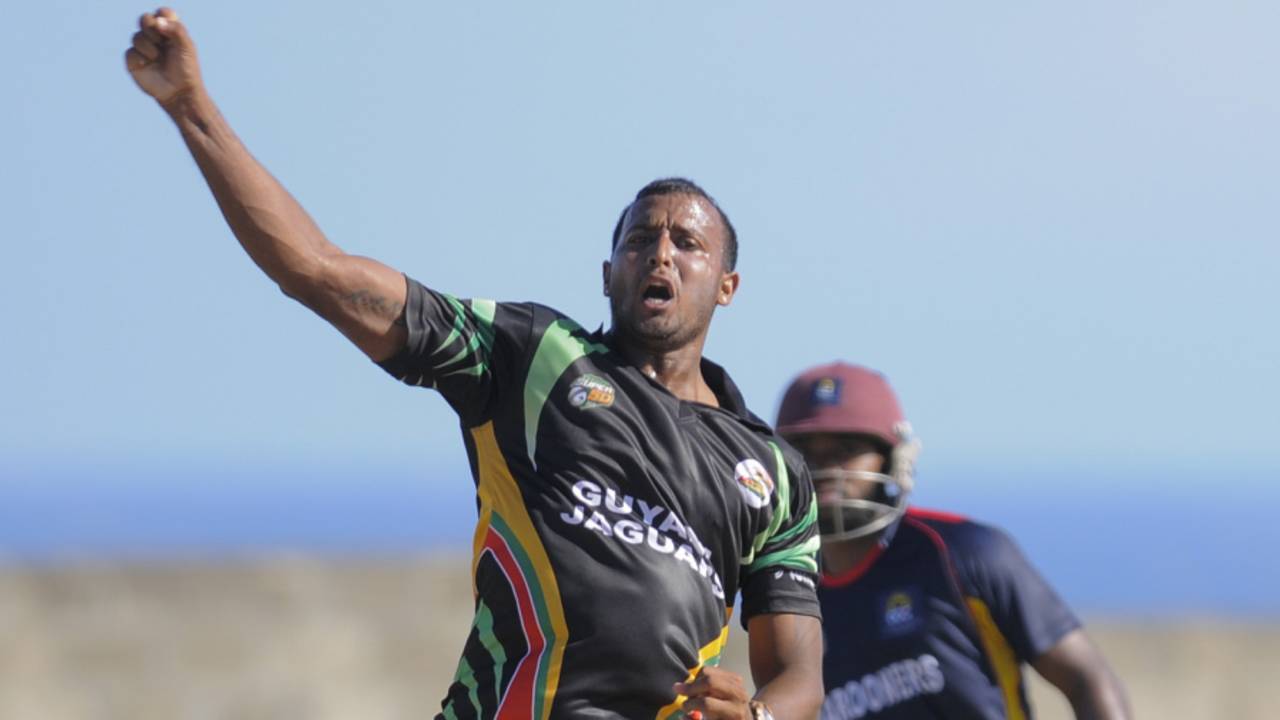 Paul Wintz celebrates one of his three wickets, Guyana v CCC, Nagico Super50 2016, Basseterre, January 11, 2016