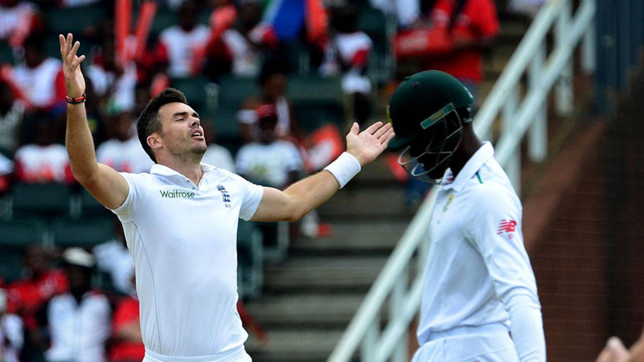 James Anderson finally claimed a wicket when he had Kagiso Rabada caught behind for 24, South Africa v England, 3rd Test, Johannesburg, 2nd day, January 15, 2016