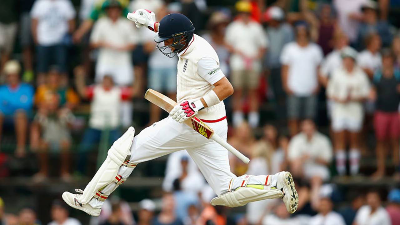 Joe Root leaps in celebration after hitting the winning runs, South Africa v England, 3rd Test, Johannesburg, 3rd day, January 17, 2016