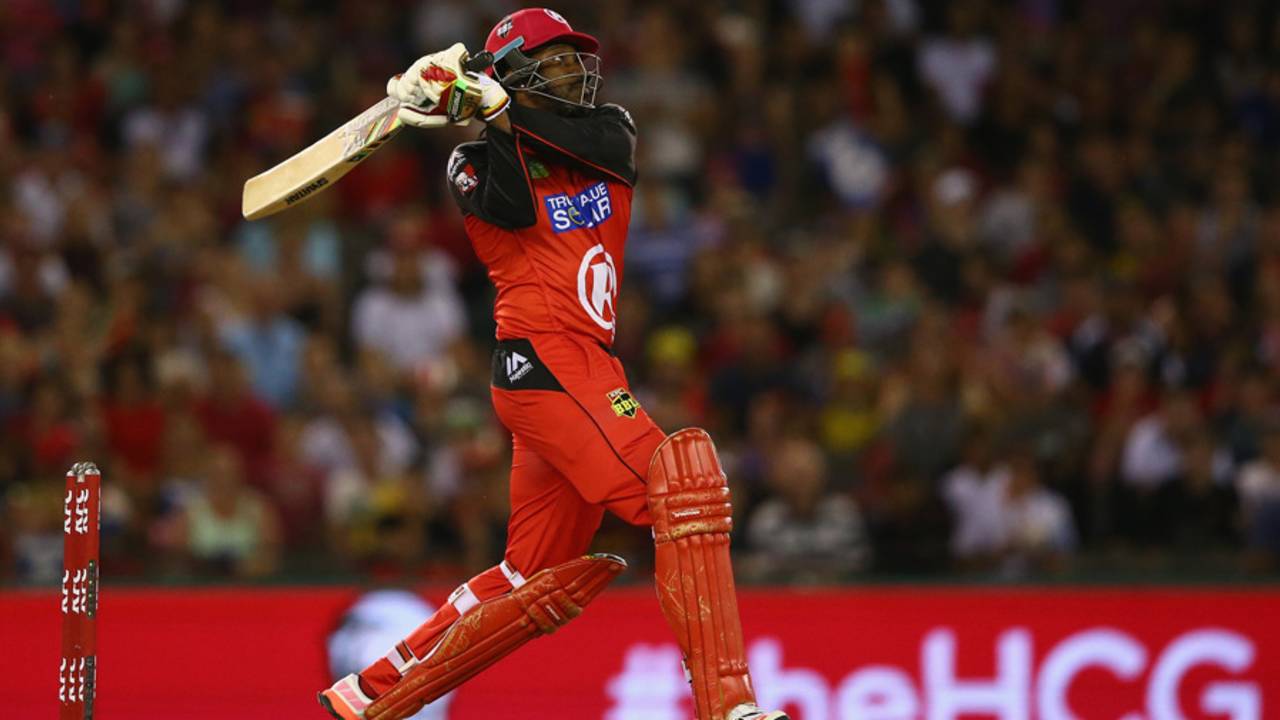 Chris Gayle launches one into the stands, Melbourne Renegades v Adelaide Strikers, BBL 2015-16, Melbourne, January 18, 2016