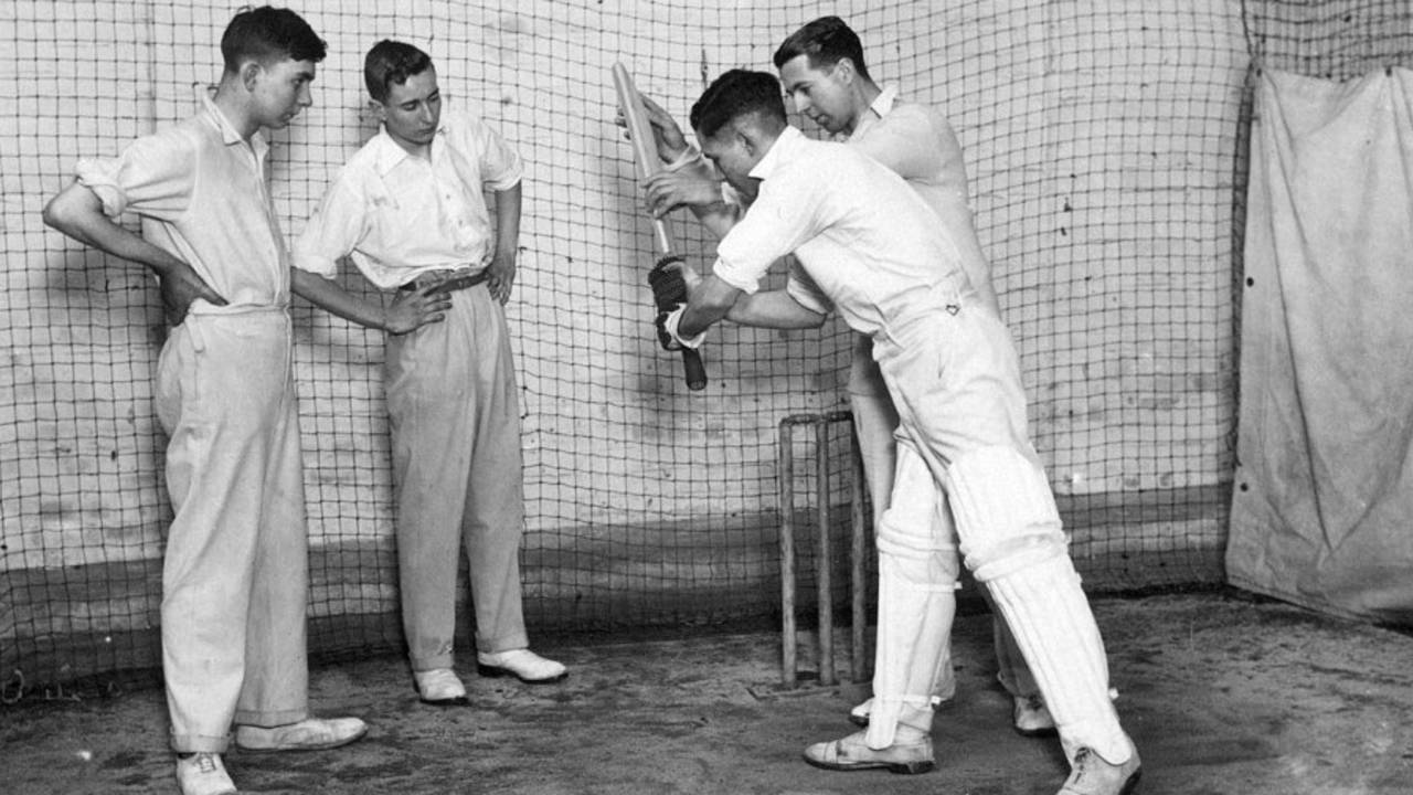 Indoor nets at the Faulkner School of Cricket, London, April 1930
